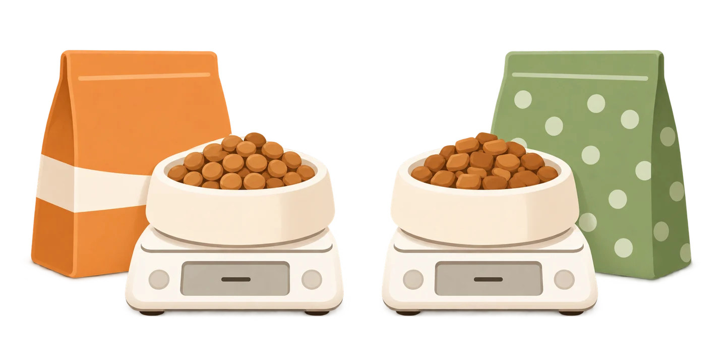 同じ重さのカリカリをはかりに載せたイラスト