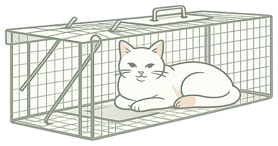 捕獲器の中で落ち着いている猫のイラスト